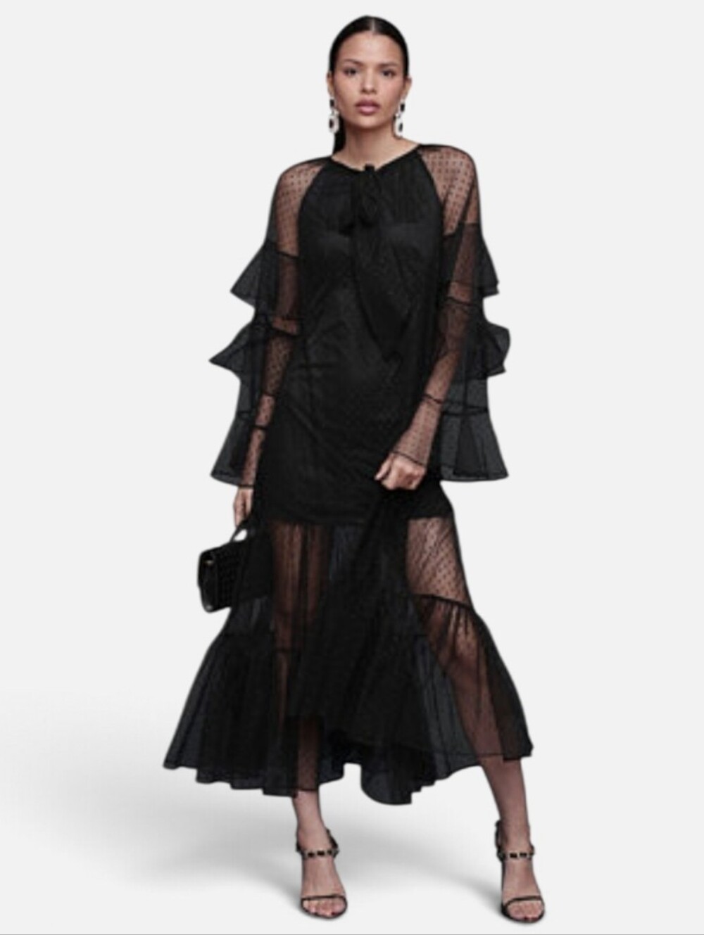 Avec Les Filles Black Swiss Dot Tulle Maxi Dress Ruffle Sleeves Size 10 Sheer